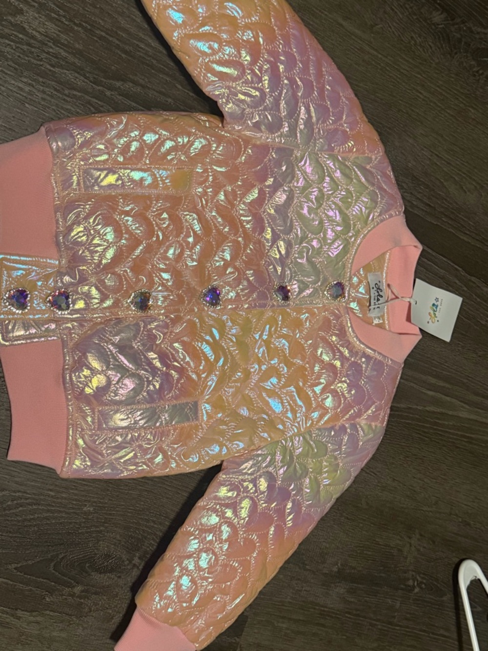 Iridescent Pink Quilted Bomber Jacket with Gem Buttons